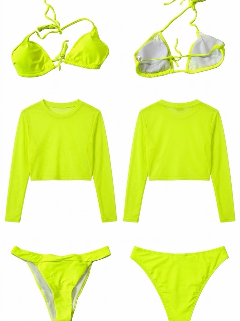 Woman Neon Yellow 3-Piece Swim Set with long sleeve mesh